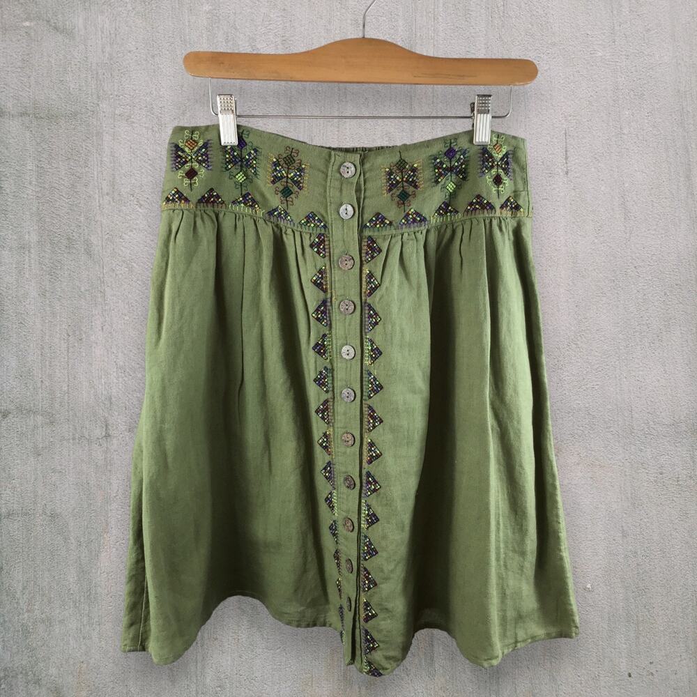 Anthropologie Maeve Embroidered Cotton-Linen Button-Front Utility Skirt Size 6